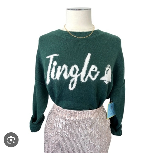 CeCe Jingle Bells Forest Green Knit Crew Neck Holiday Sweater L - Picture 1 of 9